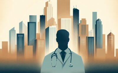 High-rise city skyline with a healthcare professional silhouette in the foreground.