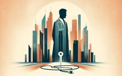 Innovative healthcare professional with a stethoscope in front of a futuristic city skyline.