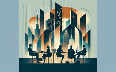 High-tech business meeting with silhouettes of professionals in a modern city skyline background.