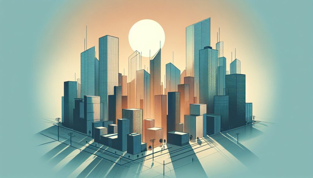 Modern city skyline with tall skyscrapers and a bright sun in the background, representing urban dev.