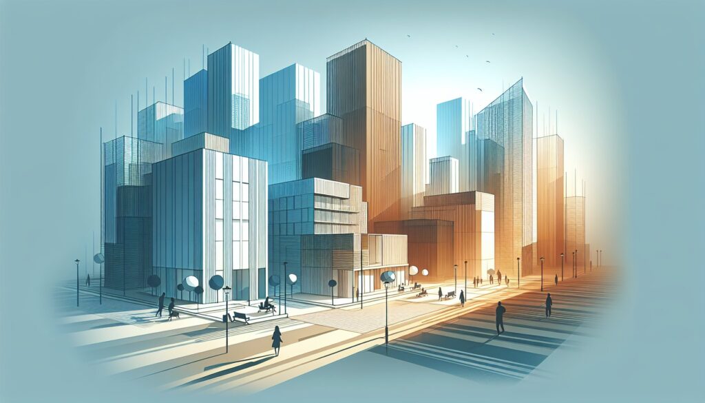 High-rise modern cityscape with skyscrapers and urban streets, representing business and commercial.