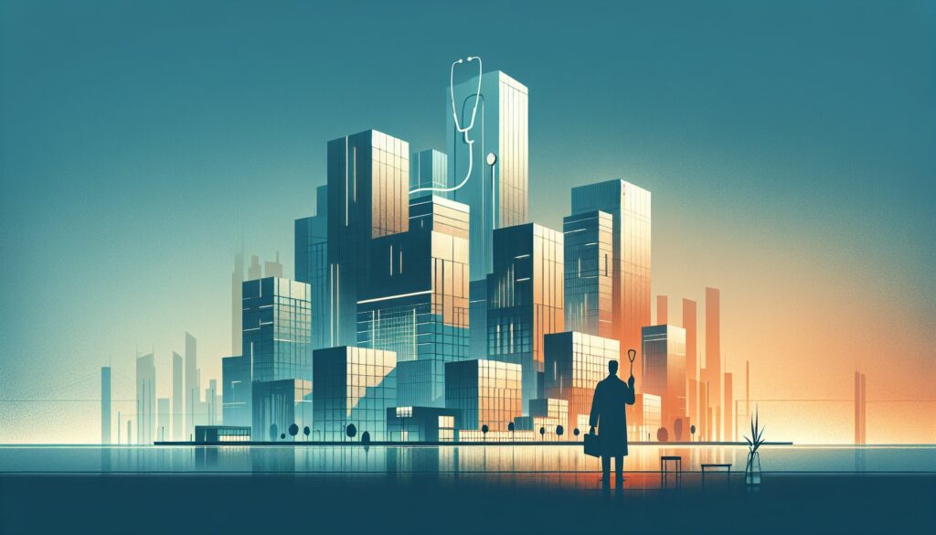 AI-powered healthcare technology concept with futuristic cityscape and medical icons.