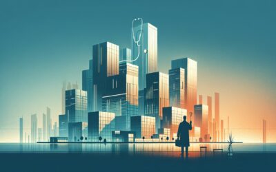 AI-powered healthcare technology concept with futuristic cityscape and medical icons.