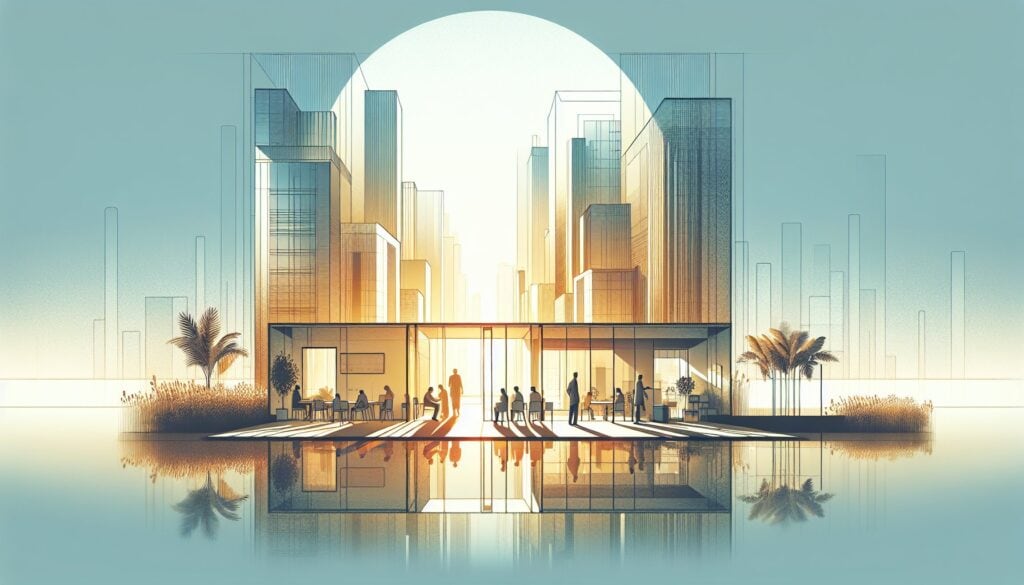 Modern cityscape with skyscrapers and reflective water, showcasing urban development and architectur.