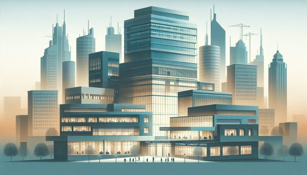 Modern city skyline with skyscrapers and office buildings in a futuristic urban setting.