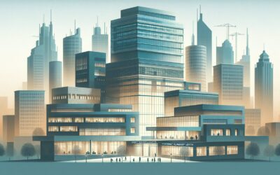 Modern city skyline with skyscrapers and office buildings in a futuristic urban setting.