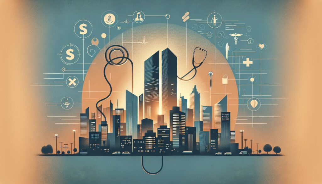 Advanced city skyline with healthcare and financial icons representing modern urban health and econo.