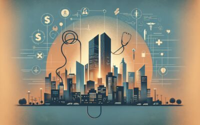 Advanced city skyline with healthcare and financial icons representing modern urban health and econo.