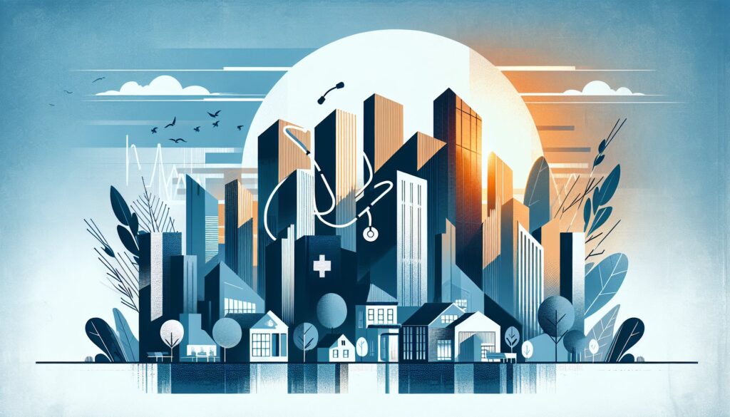 Innovative healthcare technology with modern cityscape and medical icons for digital health solution.