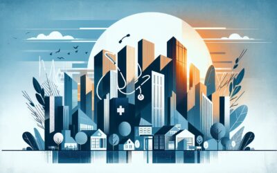 Innovative healthcare technology with modern cityscape and medical icons for digital health solution.