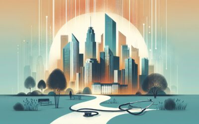 High-tech cityscape with futuristic skyscrapers and digital connections for innovative healthcare so.