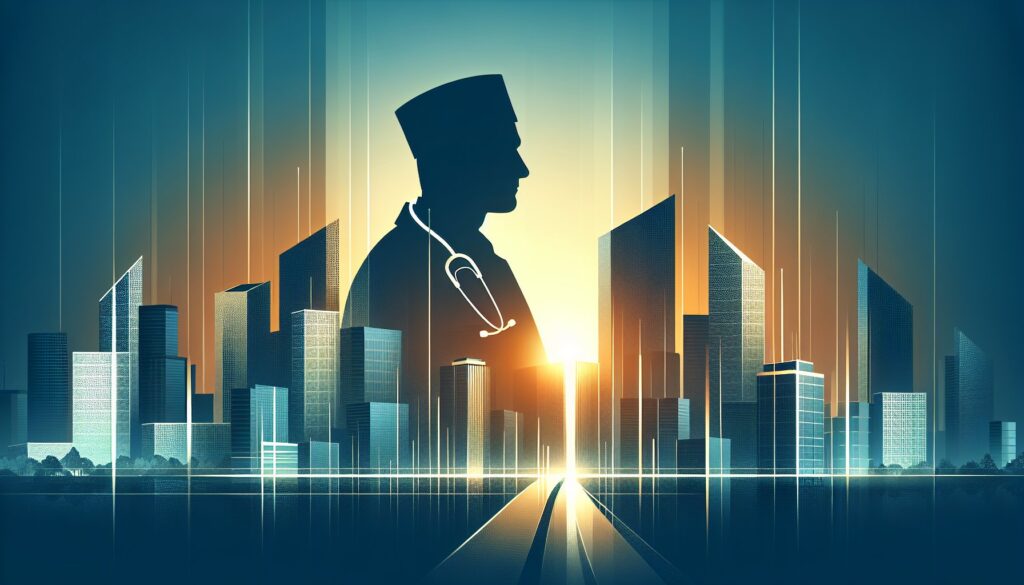 AI-powered healthcare professional analyzing a futuristic cityscape with digital data overlays.
