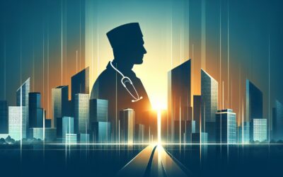 AI-powered healthcare professional analyzing a futuristic cityscape with digital data overlays.