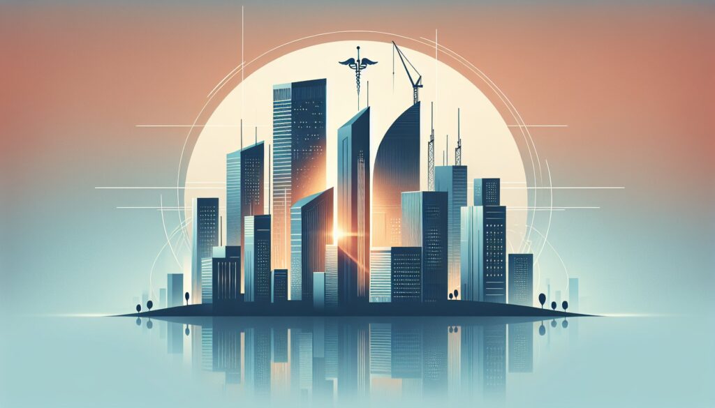High-tech city skyline with futuristic skyscrapers and construction cranes at sunset.