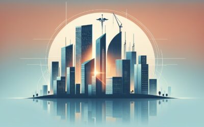 High-tech city skyline with futuristic skyscrapers and construction cranes at sunset.