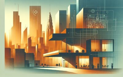 High-tech futuristic cityscape with digital interface and smart building technology.