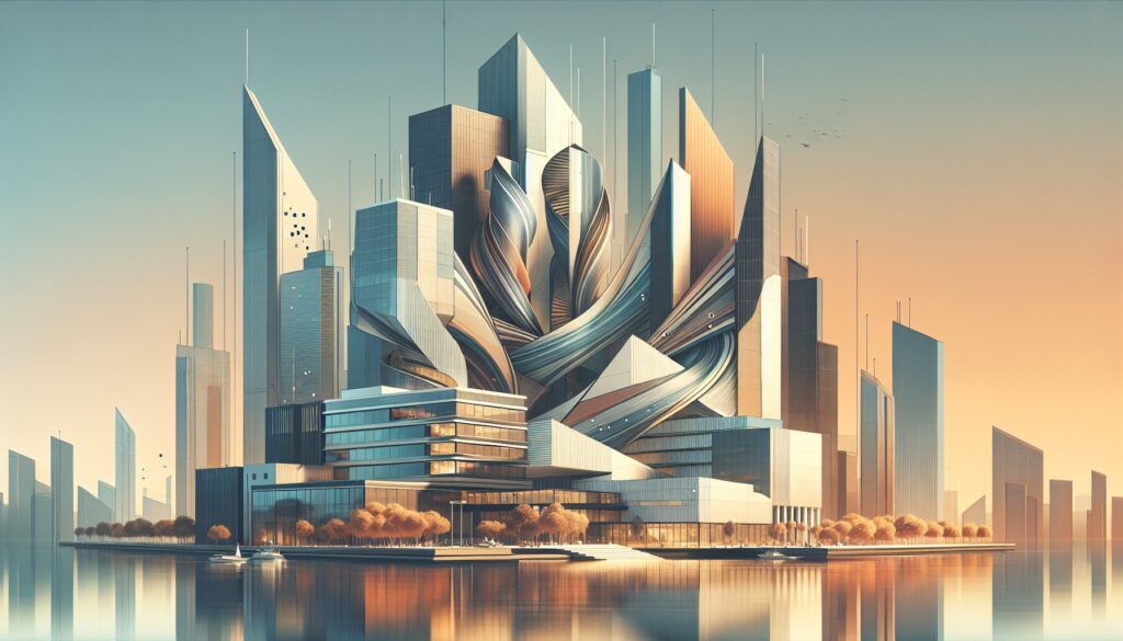 Innovative futuristic cityscape with modern skyscrapers and unique architectural designs.