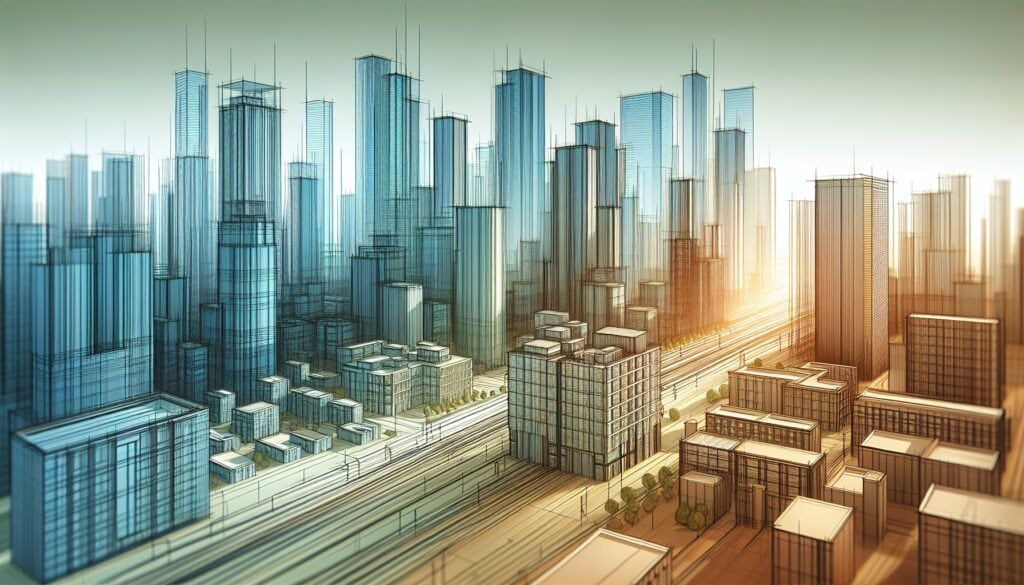 High-rise cityscape with modern skyscrapers and urban infrastructure at sunset.