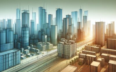 High-rise cityscape with modern skyscrapers and urban infrastructure at sunset.