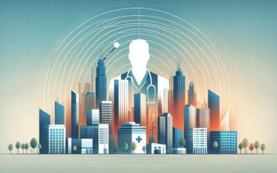AI-powered healthcare technology with a futuristic cityscape background.