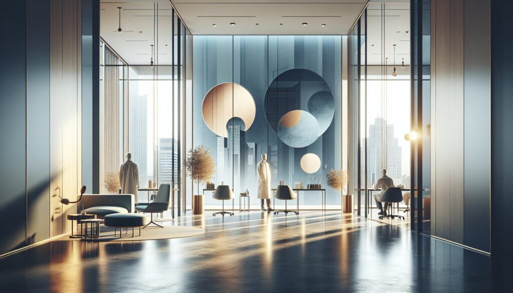 Modern office lobby with large abstract wall art and floor-to-ceiling windows, bright natural light,.