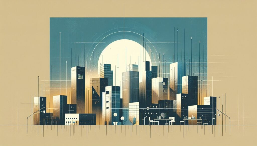 High-tech cityscape with futuristic skyscrapers and digital grid overlay for modern urban innovation.
