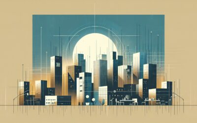 High-tech cityscape with futuristic skyscrapers and digital grid overlay for modern urban innovation.