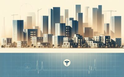 High-tech cityscape with futuristic skyscrapers and digital health monitoring elements.
