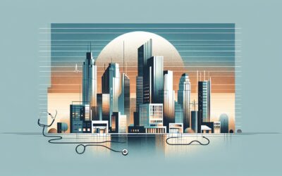 High-rise city skyline with modern skyscrapers and urban architecture at sunset.
