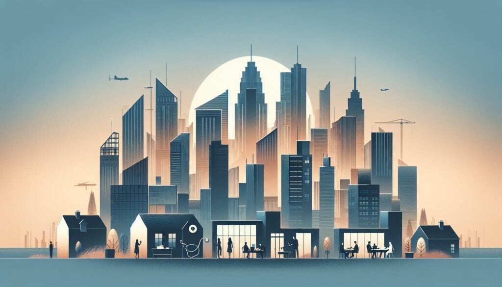 Modern city skyline with skyscrapers and urban infrastructure at sunset, representing innovative urb.