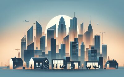 Modern city skyline with skyscrapers and urban infrastructure at sunset, representing innovative urb.