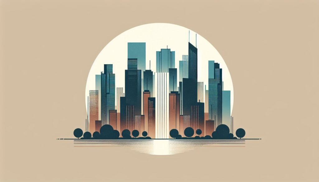 Modern city skyline with tall skyscrapers and urban architecture.