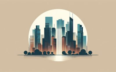 Modern city skyline with tall skyscrapers and urban architecture.