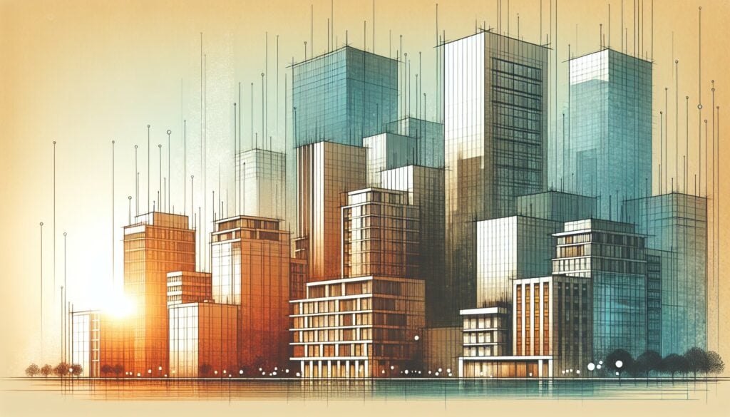 High-tech cityscape with futuristic skyscrapers and digital connectivity elements.
