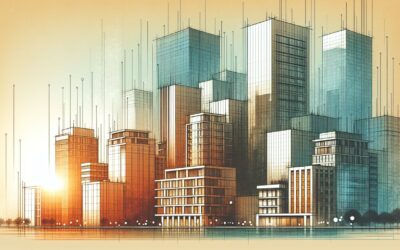 High-tech cityscape with futuristic skyscrapers and digital connectivity elements.