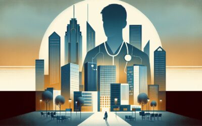 Innovative healthcare technology with a doctor and city skyline background for telemedicine and medi.