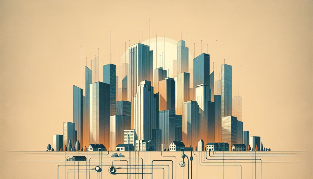 High-tech cityscape with futuristic skyscrapers and digital infrastructure for smart urban developme.