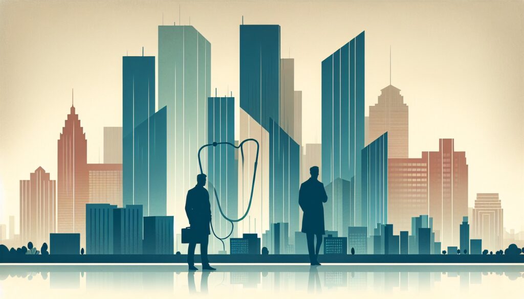 High-rise city skyline with business professionals and giant stethoscope, symbolizing healthcare and.