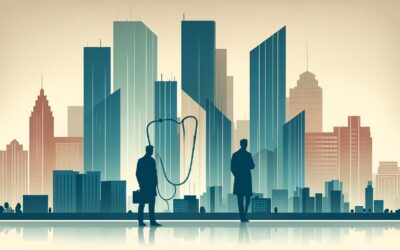 High-rise city skyline with business professionals and giant stethoscope, symbolizing healthcare and.