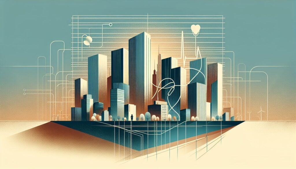 High-tech cityscape with futuristic skyscrapers and digital network elements.