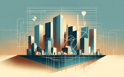 High-tech cityscape with futuristic skyscrapers and digital network elements.