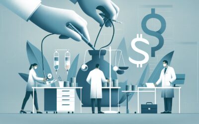 Modern laboratory with scientists conducting medical research and testing.