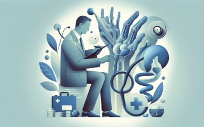 Advanced medical research illustration with a scientist and robotic hand, emphasizing healthcare inn.