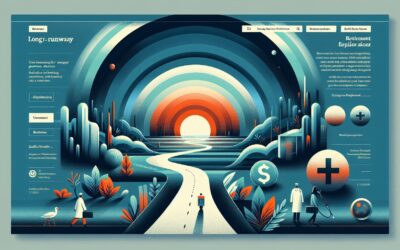 A colorful, futuristic digital landscape with a sunset, pathway, and abstract elements representing.