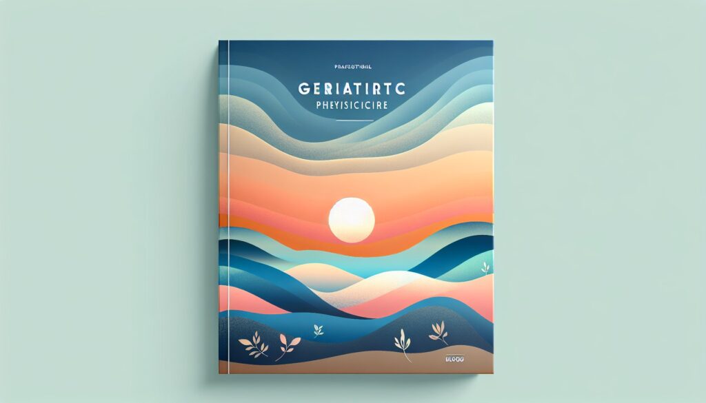 Geriatric physiotherapy book cover with colorful wave design and sunset background.