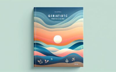 Geriatric physiotherapy book cover with colorful wave design and sunset background.