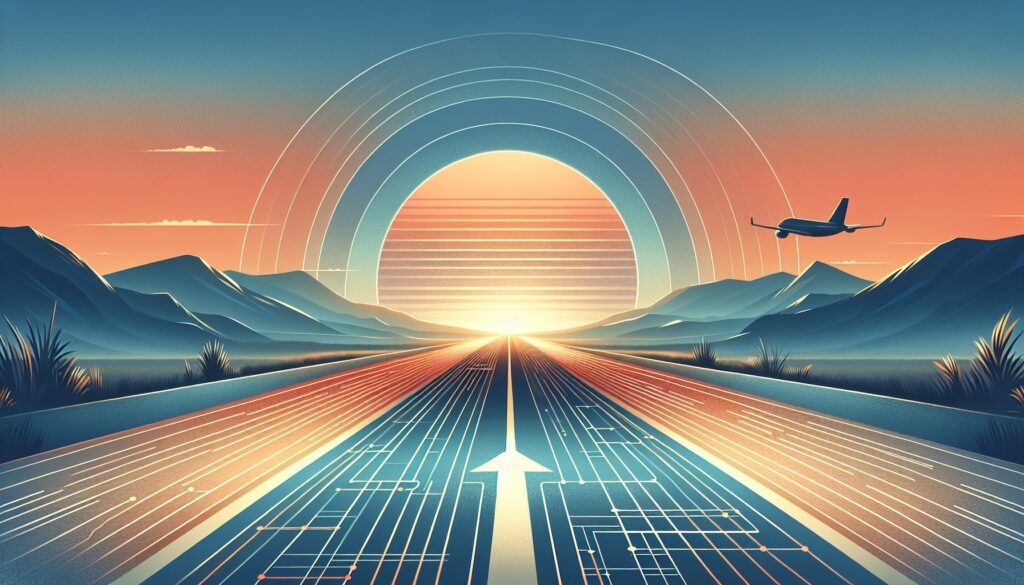 Autonomous vehicle driving towards a futuristic sunset with digital road and mountain landscape.
