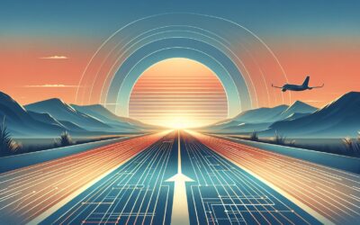 Autonomous vehicle driving towards a futuristic sunset with digital road and mountain landscape.