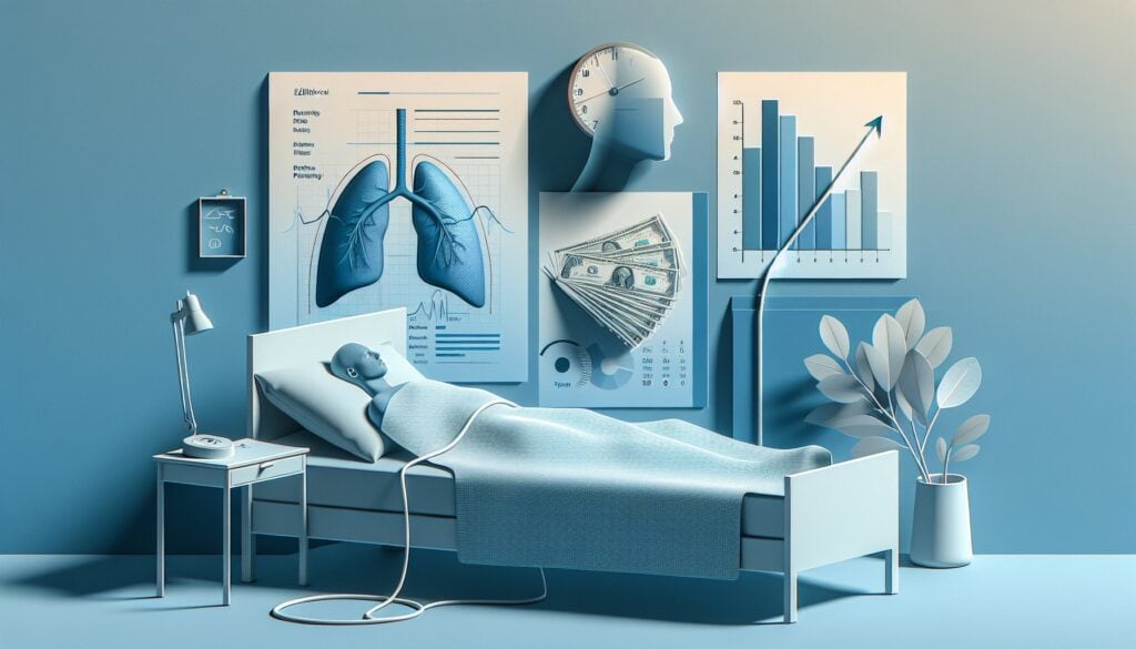 Lung health and medical monitoring in a hospital room with charts and medical equipment.