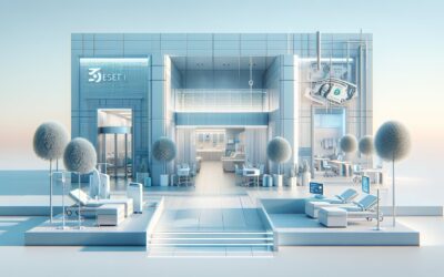 ESET office building with digital dollar bills and modern outdoor seating area, representing cyberse.